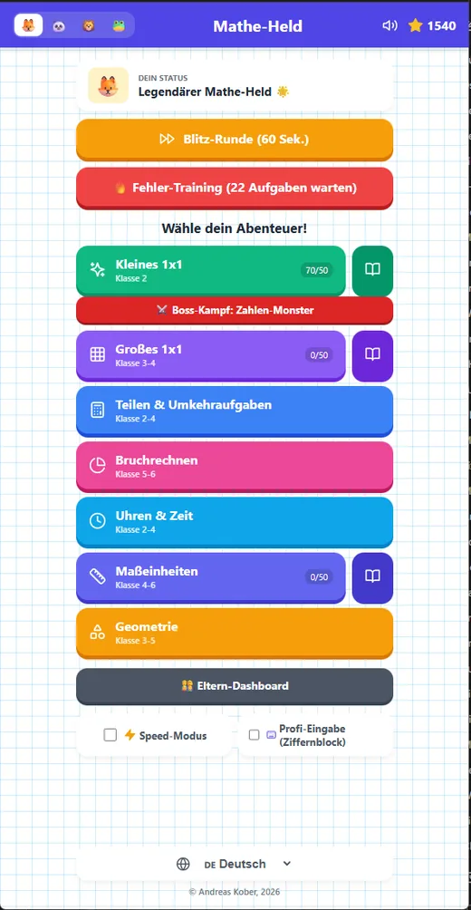 Mathe Held: Startbildschirm mit Themen wie Kleines 1x1, Bruchrechnen und Uhren & Zeit