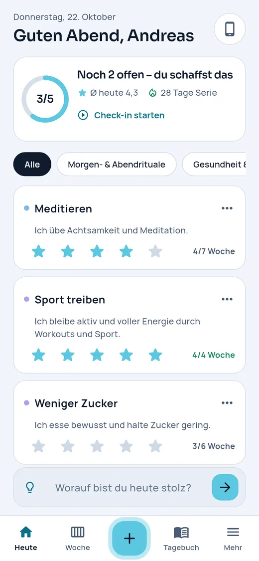 Proud & Discipline: Tagesansicht mit Gewohnheiten und Sternebewertung